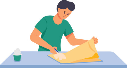 Man cutting paper with scissors in one hand and a knife in the other, concentrating on the task at hand.