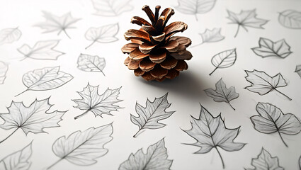 Autumnal Pinecone and Pencil Sketch Leaves:  Serene, Minimalist Still Life Photography