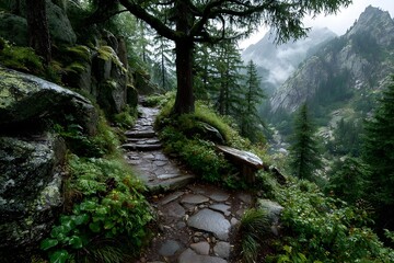 Hiking Trail Through Scenic Mountain Forest 