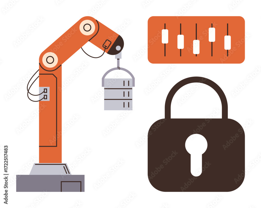 Aufkleber robotic arm handling data, padlock symbolizing cybersecurity, sliders on a control panel. ideal for 