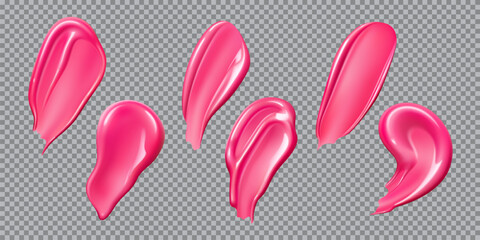 Realistic pink lipstick or cosmetic swatch smears and daub strokes with glossy and matte texture, vector set. Lipstick smudges or cosmetic swatch of lip color liquid makeup or pink paint smears