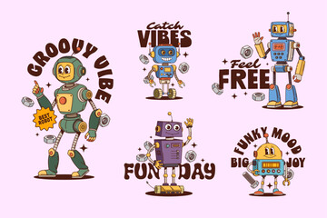 Robot groovy characters stickers and droid t shirt prints. Vector fun and funky patches set of retro futuristic cartoon cyborgs with expressive faces surrounded by bolts and upbeat slogans radiate joy