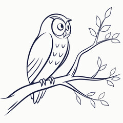 A charming cartoon illustration of a wise owl perched on a tree branch with delicate leaves rendered in a simple clean line art style on a white background