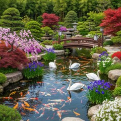 Fototapeta premium Tranquil Garden Pond With Swans And Koi Fish Serene Landscape
