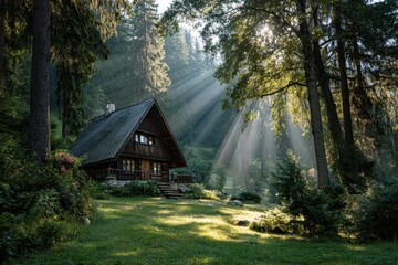 Wooden cabin in a forest is lit by bright sunlight coming from the trees. Ideal for travel blogs or anything about nature and rural destinations.