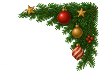 Christmas fir tree branches forming a corner decoration with festive baubles, golden stars, and red berries