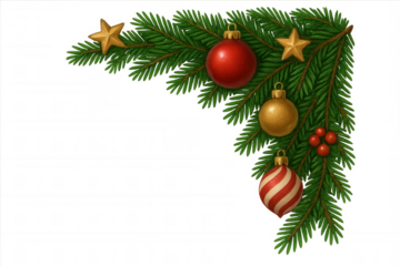 Christmas fir tree branches forming a corner decoration with festive baubles, golden stars, and red berries