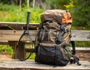 Hiking backpack and tennis racket on wooden bench