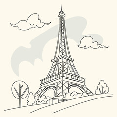 A charming hand drawn line art illustration of the eiffel tower in paris with stylized clouds and trees on a light cream background