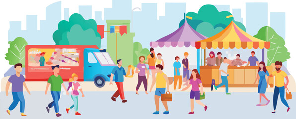 Fototapeta premium A lively city street scene featuring pedestrians walking past vibrant food trucks serving diverse meals.
