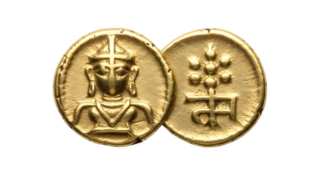 Ancient kushan gold coin isolated on transparent background featuring a king and a deity, offering a glimpse into the rich history and culture of the era