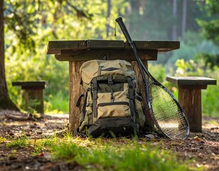 Hiking gear at a rustic picnic table in a forest