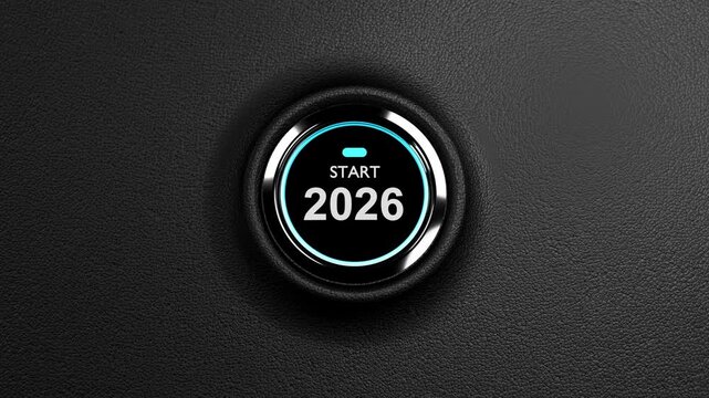 Finger about to press a car ignition button with the text 2026 start.happy new year 2026 start new project.concept of start with strategy,win,plan,goal and objective target
