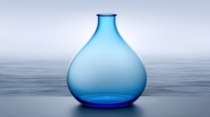 Artisan hand-blown glass bottle, floating on misty backdrop, organic asymmetrical shape, ethereal backlight, frosted clear and cobalt, minimal style, clean presentation, studio mockup, product