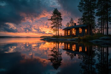 Obraz premium Cozy cabin is reflected in the tranquil lake at sunset, Finland. Use this to depict serene landscapes, travel, and peaceful getaways.