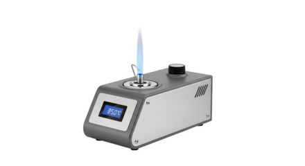 A laboratory bunsen burner with a blue flame isolated on transparent background, commonly used for heating, sterilization, and combustion in scientific experiments