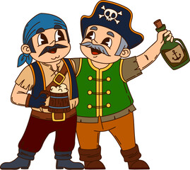 Cartoon European pirate and corsair character friends. Captain and sailor, boatswain and skipper. Two vector privateers standing side by side with arms around each other. One holds a rum bottle