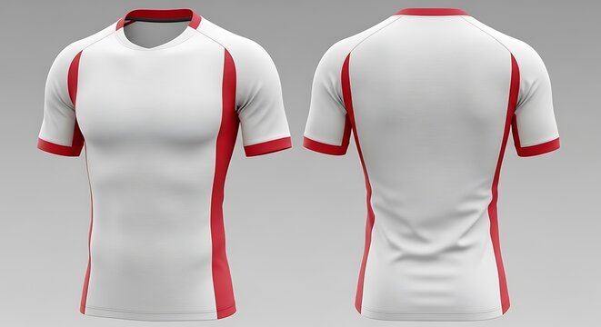 White and red short sleeve rugby jersey mockup.