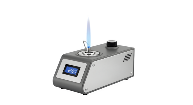 A laboratory bunsen burner with a blue flame isolated on transparent background, commonly used for heating, sterilization, and combustion in scientific experiments