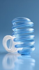 Abstract blue transparent glass pipeline industrial rotating spiral curved tubes with speed motion effect for creative business advertising and modern technology background design concepts.