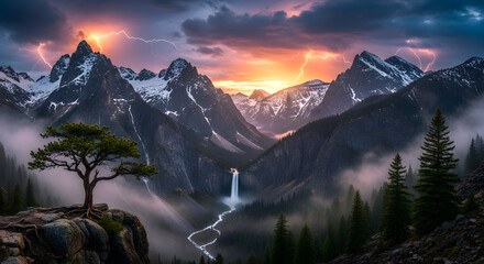 Dramatic mountain landscape with lightning storm and waterfall