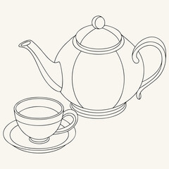 A simple and elegant line art illustration of a classic teapot and a teacup with saucer perfect for culinary and beverage themes