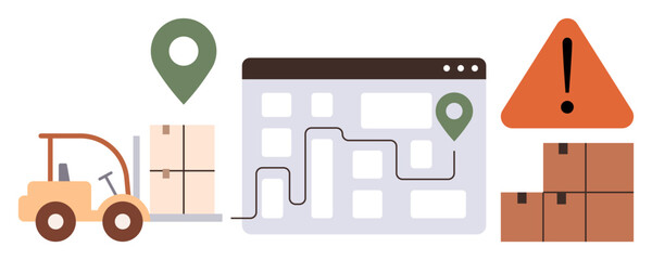 Forklift moving boxes, digital map with route and location pins, stack of boxes, red alert triangle. Ideal for logistics, delivery tracking, supply chain, inventory, warehouse transportation alert