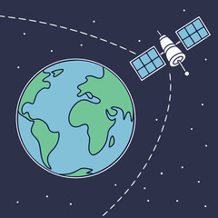 Fototapeta premium A simple flat design illustration shows a satellite orbiting the earth against a dark blue starry sky with dashed lines indicating its path