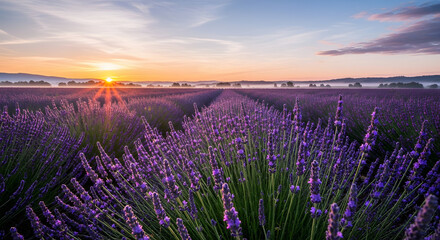 Fototapeta premium Vast lavender field at sunrise with sun rays