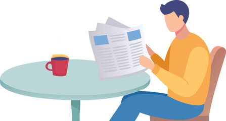 Man reading a newspaper at a table, with a cup of coffee beside him.