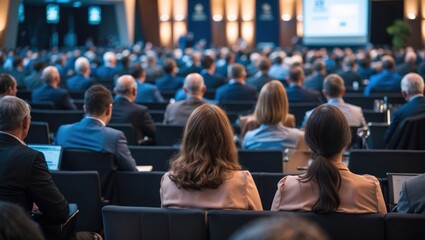 Round table discussion at business convention and Presentation. Audience at the conference hall. Business and entrepreneurship symposium