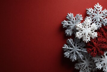 Festive snowflakes in white, grey, and red, clustered in corner on deep red background