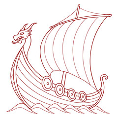A stylized illustration of a red viking longship with a dragon head prow and a single sail sailing on wavy water perfect for historical or fantasy themes © Mamun