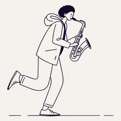 A stylized line drawing of a person with curly hair wearing a hooded jacket and pants joyfully playing a saxophone while in motion conveying a sense of energetic musical expression