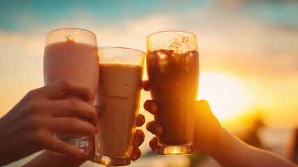 Sunset toast: three hands holding iced drinks aloft with condensation, golden light and soft bokeh summer mood