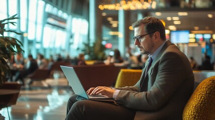 Businessman working on laptop in modern airport lounge - Powered by Adobe