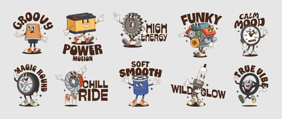 Car spare parts y2k groovy funny stickers with cartoon automotive characters with expressive faces and playful poses. Battery, gear, engine, spark plug and tire patches, garage and mechanic personages