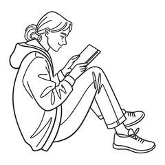 A young woman with her hair in a bun wearing a hoodie and jeans sits on the floor reading a book with a smile on her face