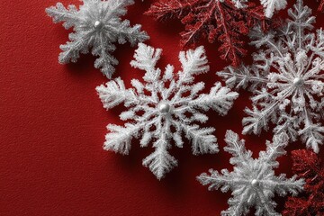 Snowflake ornaments, white and red, on red background