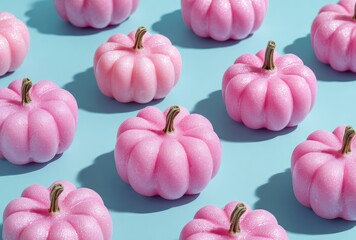 Pink pumpkins arranged in rows on a light blue surface
