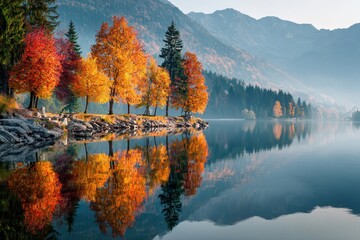 Fototapeta premium Autumn trees reflect on a serene lake with mountains backdrop. Ideal for travel blogs, nature articles, or landscape photography projects.