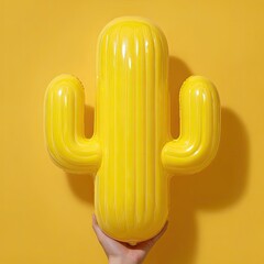 Hand holding a bright yellow cactus balloon against a yellow background