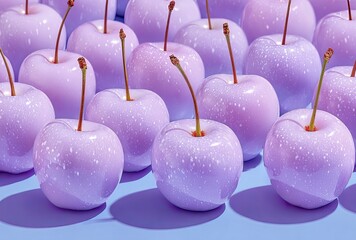 Many vibrant, light purple cherries arranged closely together, glistening with a subtle sparkle