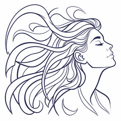 Elegant line art drawing of a woman with flowing hair in profile closed eyes serene expression artistic illustration beauty concept