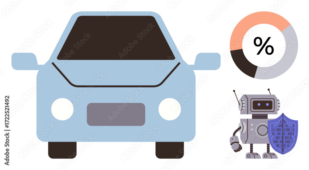 Poster blue car, robot holding shield symbolizing cybersecurity, and donut chart showcasing data analytics.