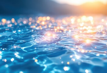 Radiant turquoise water ripples, illuminated by soft golden sunlight, showcasing shimmering surface details and warm, inviting atmosphere.