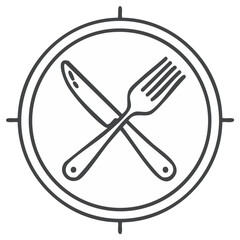 Crossed knife and fork inside a circular plate icon with compass points