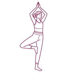 Line art illustration of a woman in a yoga tree pose with her hands clasped above her head embodying balance and mindfulness