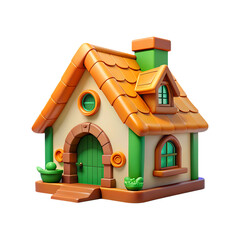 Charming 3d cartoon house with orange roof and green accents transparent background
