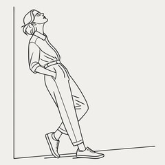 Minimalist line art illustration of a stylish woman leaning against a wall with her hands in her pockets and looking upwards with a relaxed pose